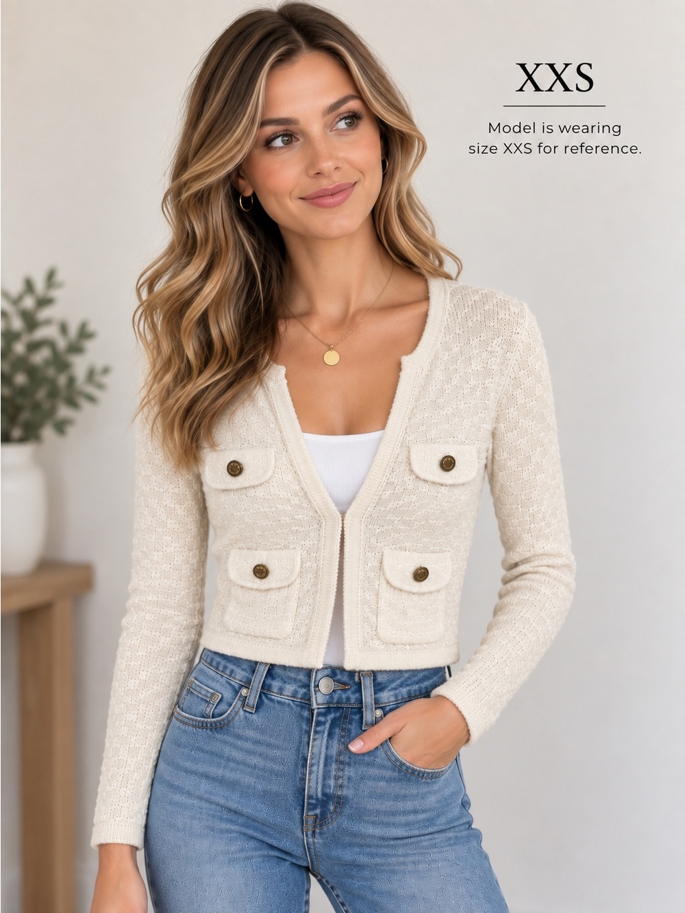 Lilly Pulitzer XXS Ivory Cream Knit Cardigan Sweater 4 Pocket Gold Buttons